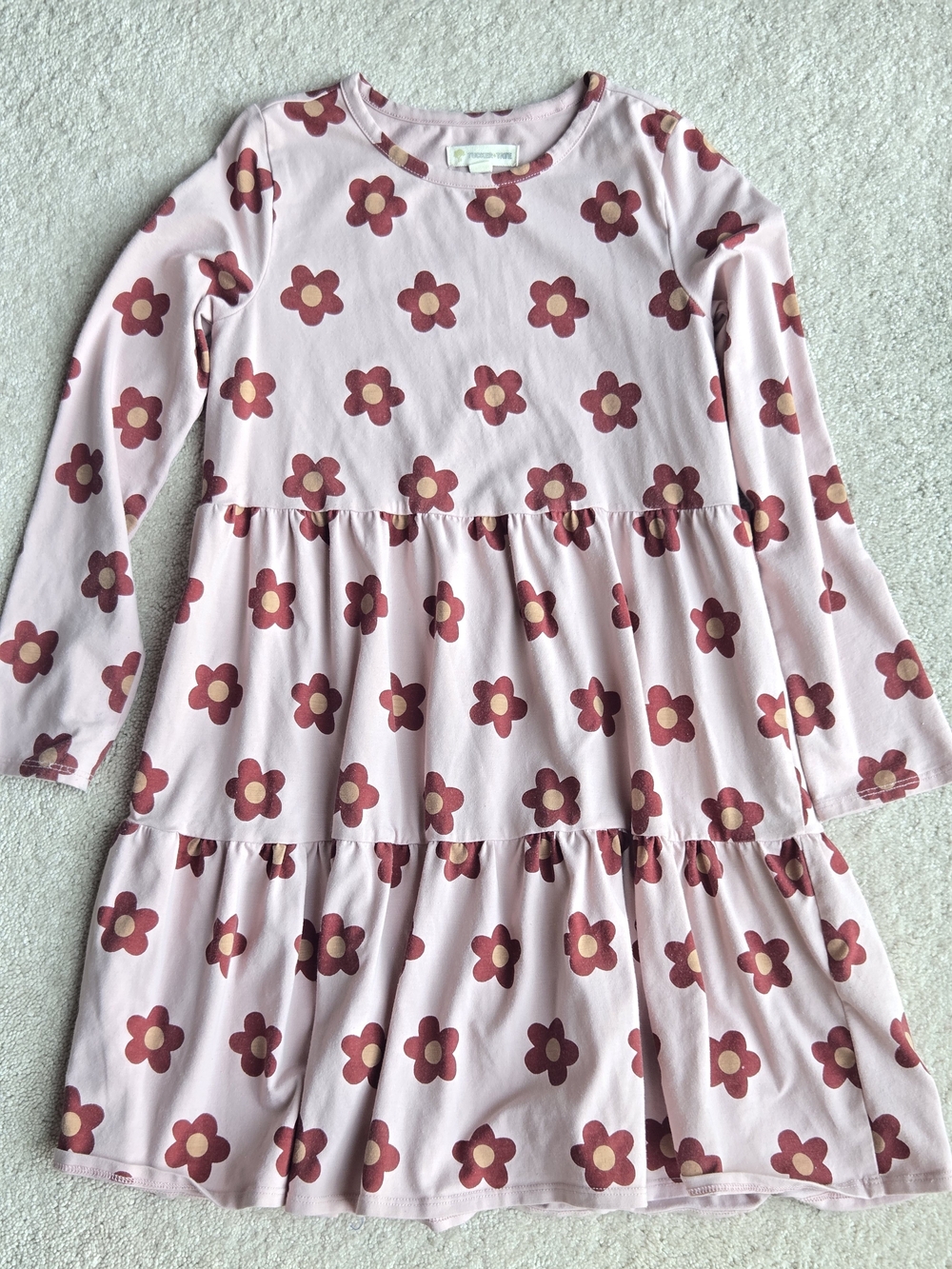 Girls' Pink Floral Tiered Long-Sleeve Dress